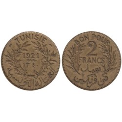 Monnaie monde - TUNISIE - KM248 - 2 francs AH1340 - 1921