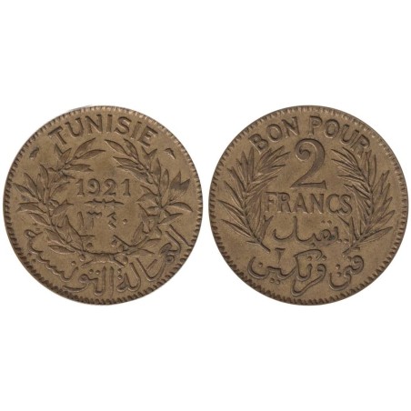 Monnaie monde - TUNISIE - KM248 - 2 francs AH1340 - 1921