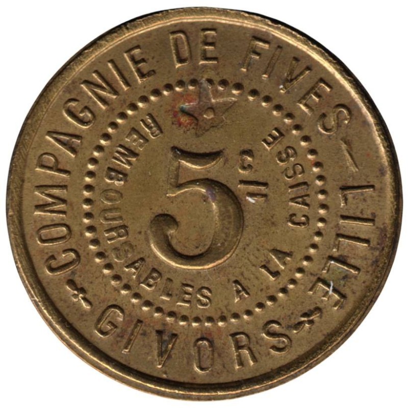 GIVORS - 2.1 - Monnaie de nécessité - Compagnie de Fives-Lille - 5 centimes - TB+ GIVORS - 2.1 - Monnaie de nécessité - Compagnie de Fives-Lille - 5 centimes - TB+