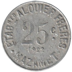 MAZAMET - 4.3 - Monnaie de nécessité - Alquier Frères - 25 centimes 1922 - TB-