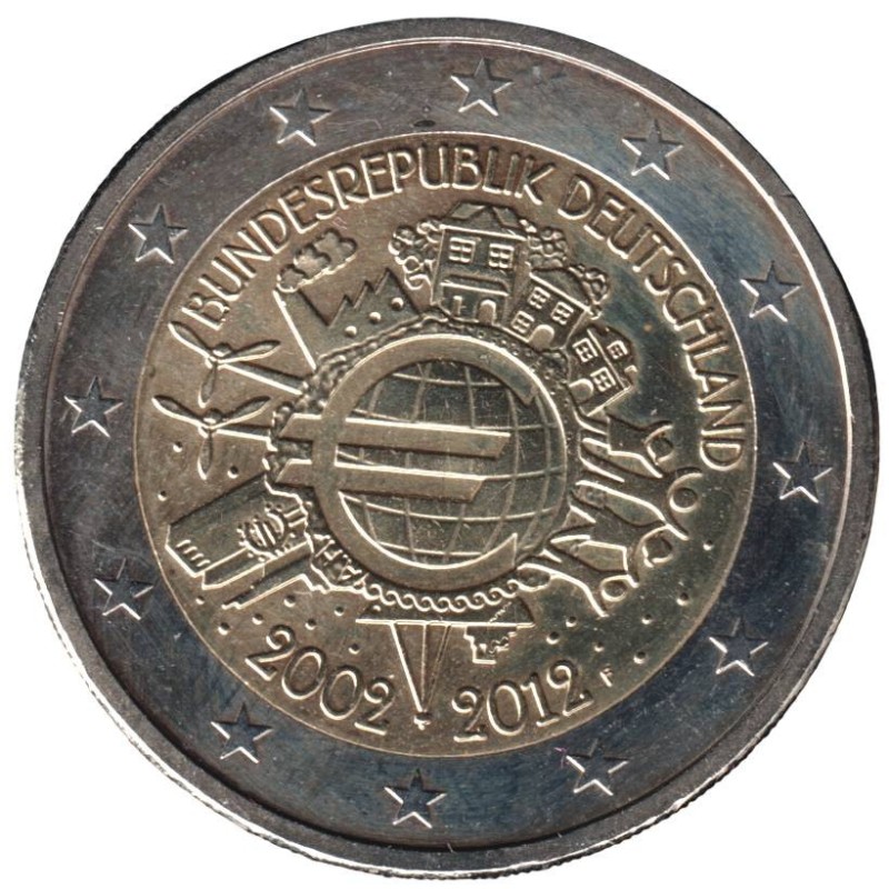 ALLEMAGNE - 2 euros commémorative - 10 ans de l'euro - 2012 F ALLEMAGNE - 2 euros commémorative - 10 ans de l'euro - 2012 F