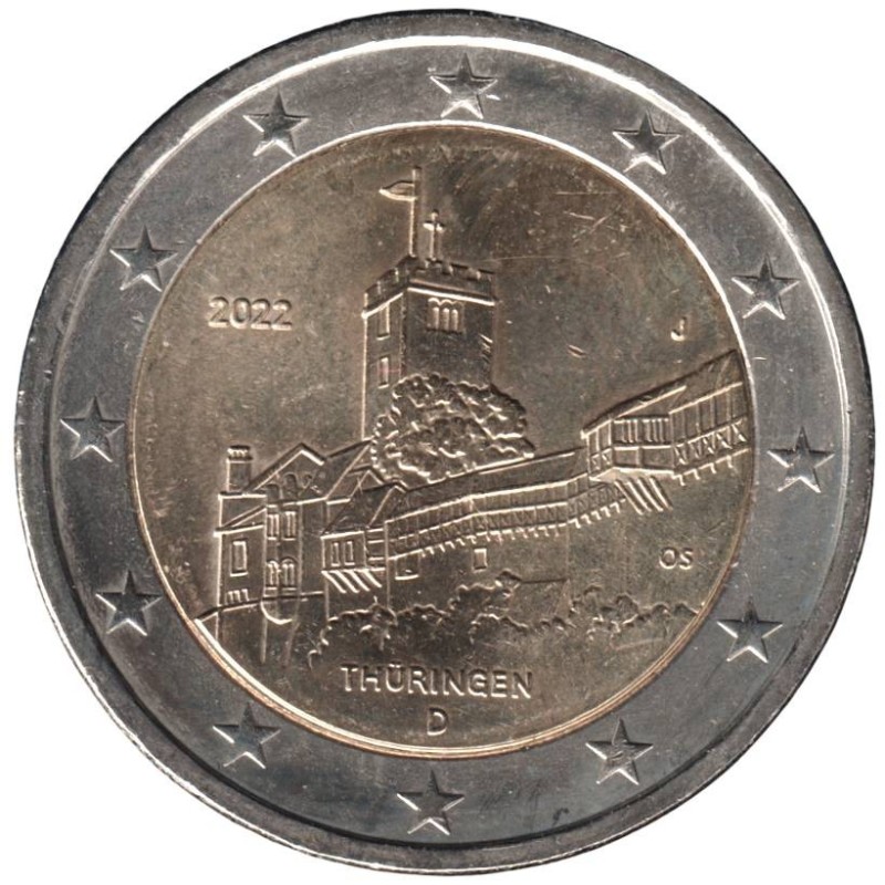 ALLEMAGNE - 2 euros commémorative - Thuringe - Château Wartbourg - 2022 J ALLEMAGNE - 2 euros commémorative - Thuringe - Château Wartbourg - 2022 J