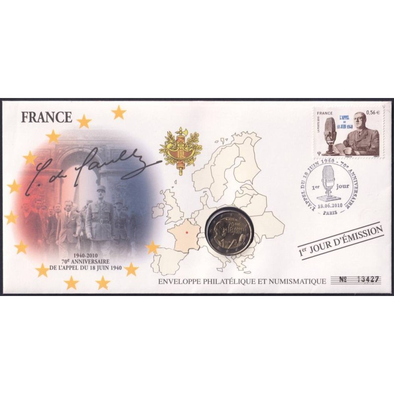 FRANCE - Numiscover - 2 euros commémorative - Appel du 18 juin 1940 - Charles de Gaulle - 2010